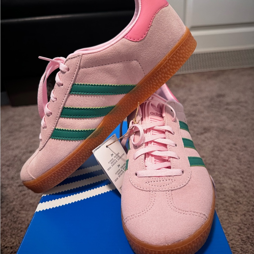 adidas Gazelle J Originals Pink Suede Sneakers with Green Stripes